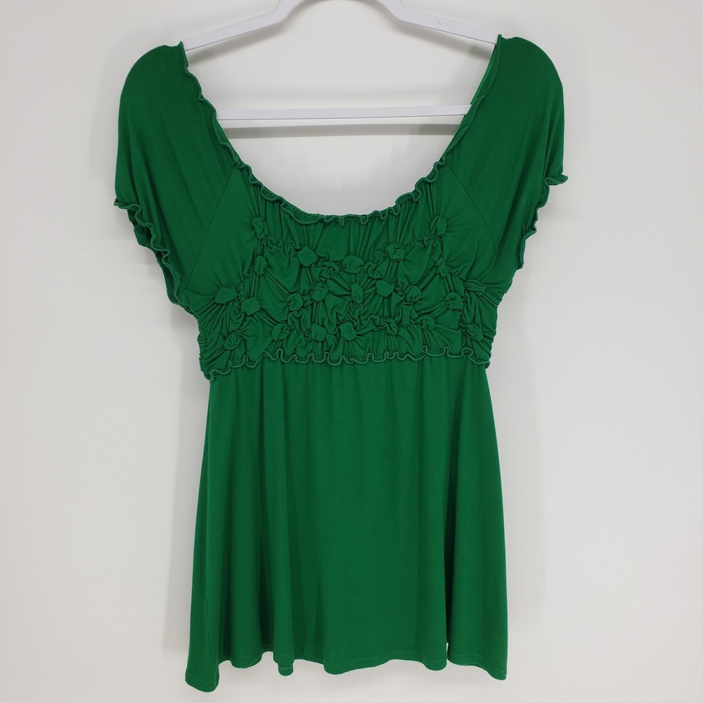 Y2K Smocked Bodice Babydoll Top Womens M Green Cap Sleeve Scoop Neck Ruffle Trim - Picture 2 of 8